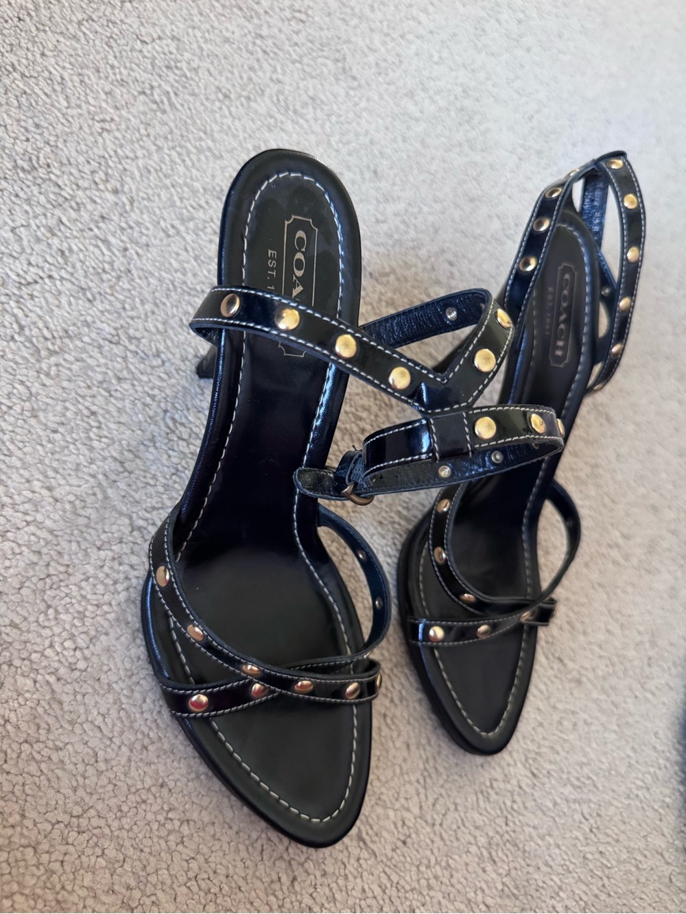 Coach Black Patent Studded Strappy Heels